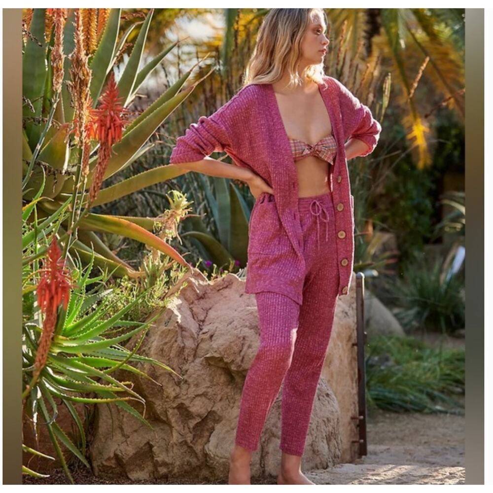 Free People FP Beach Pink Knit Lounge Set Cardigan & Pants XS